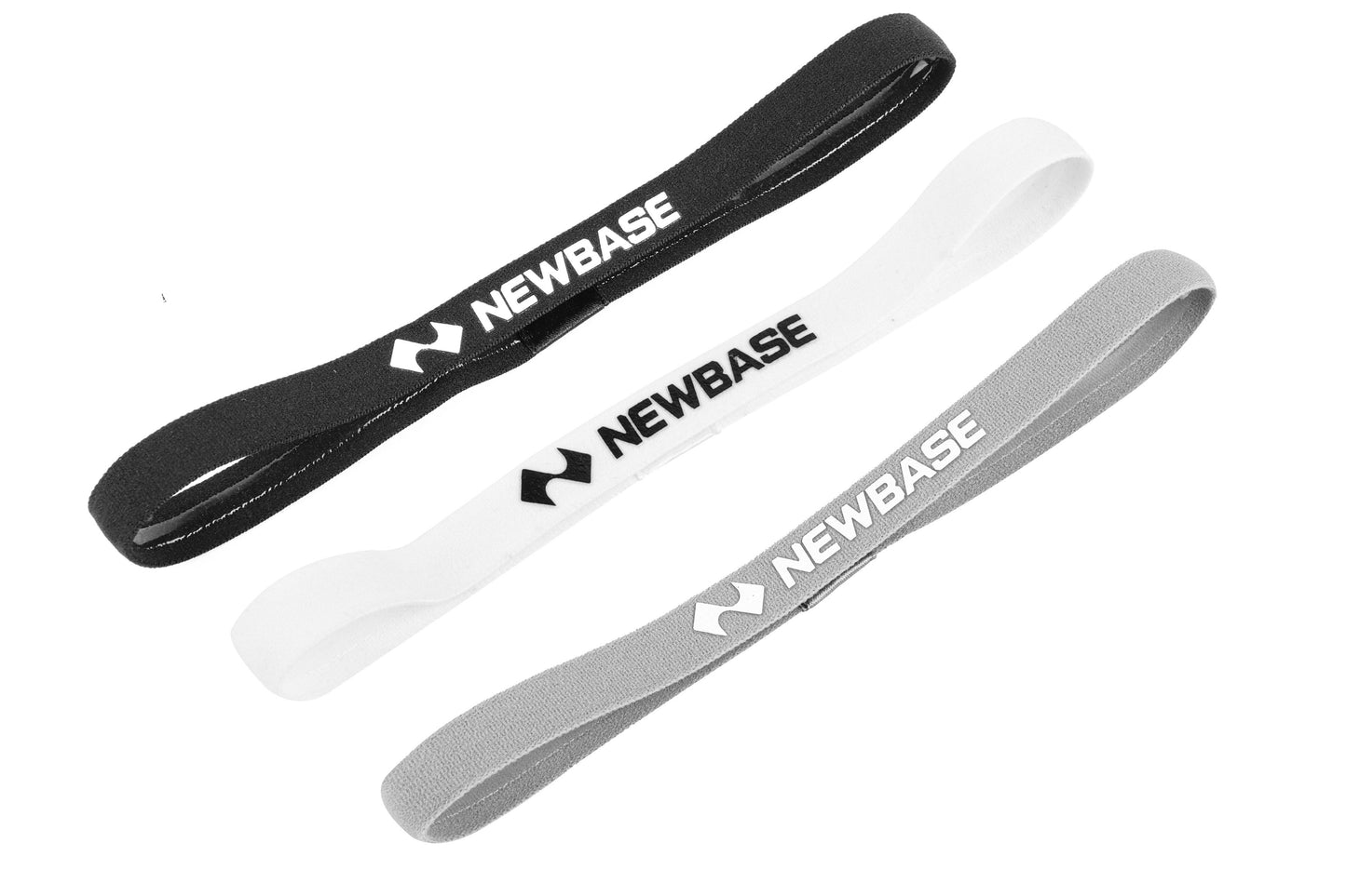 Three headbands in black, white, and gray with 'NEWBASE' branding on a white background.
