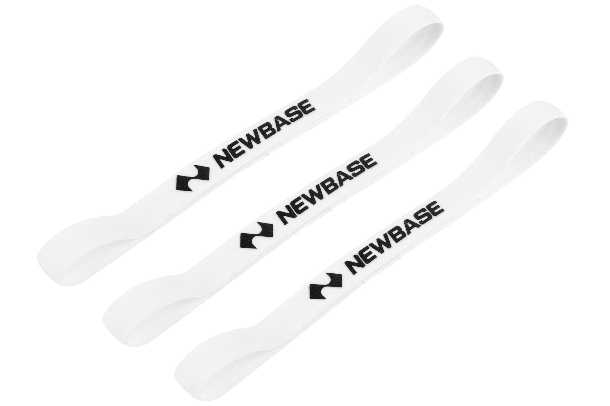 Three white headbands with 'NEWBASE' branding on a white background